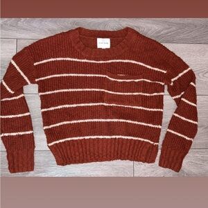 Pink Rose Size Small Long Sleeved Sweater Rusty Red/Brown W White Stripes EUC